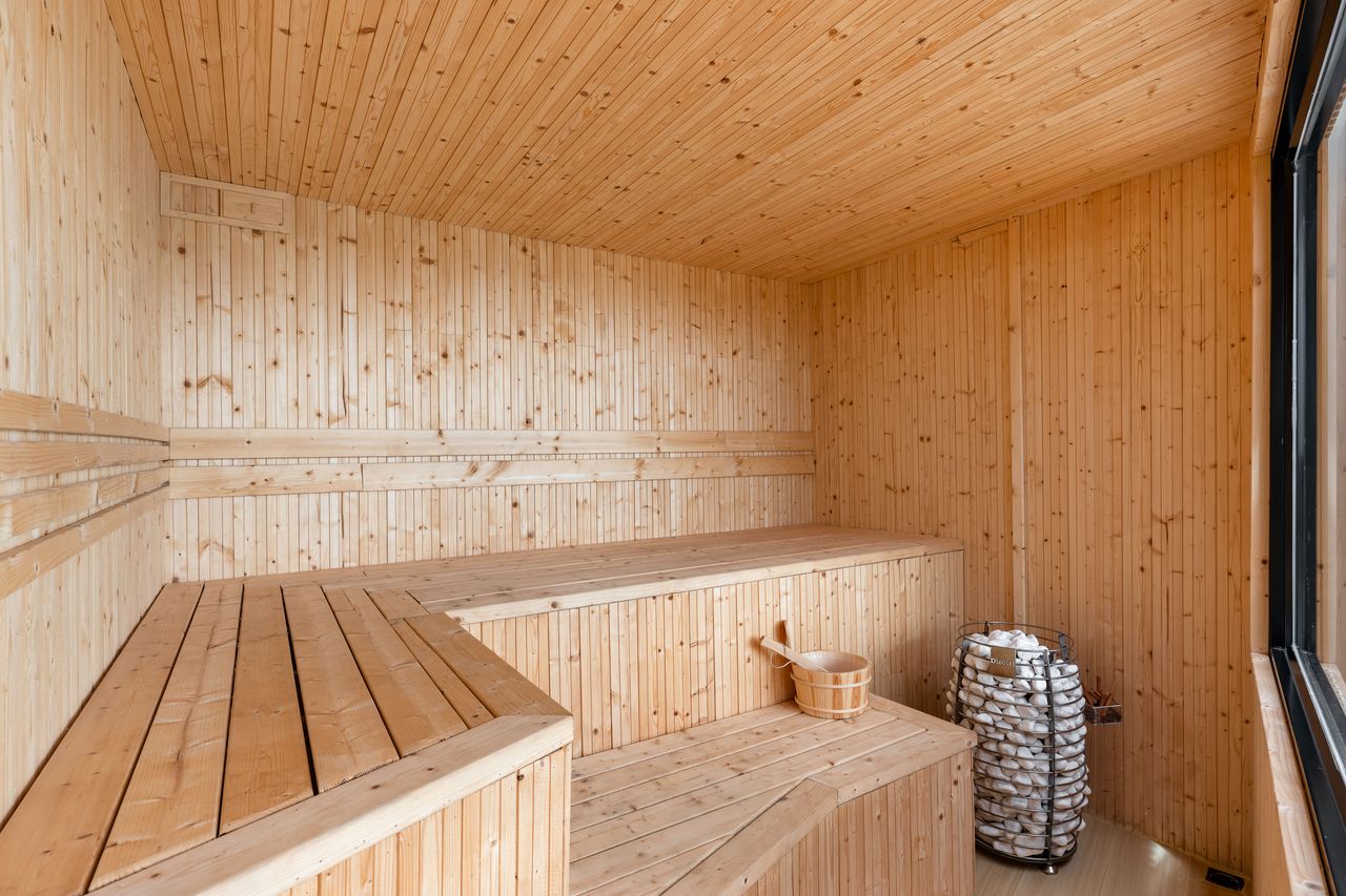 Inside the wooden sauna