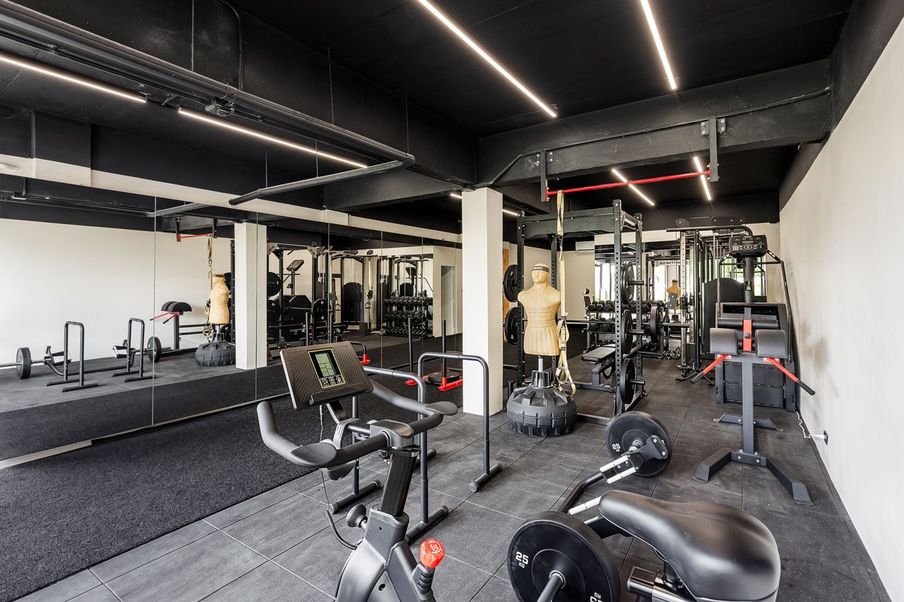 The full length of the 80 m² private gym, with cardio machines, racks and free weights
