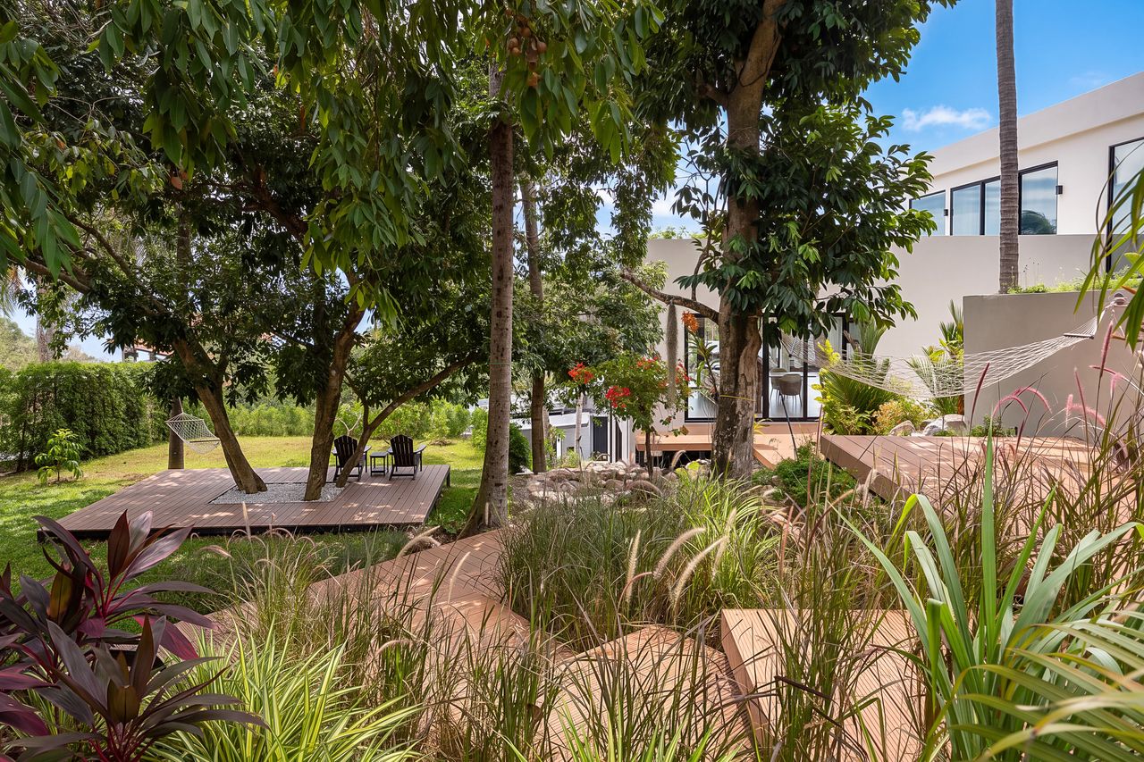 Tropical garden with wooden decks