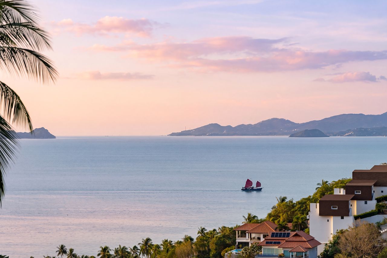 Sunset over the bay and islands, seen from the villa