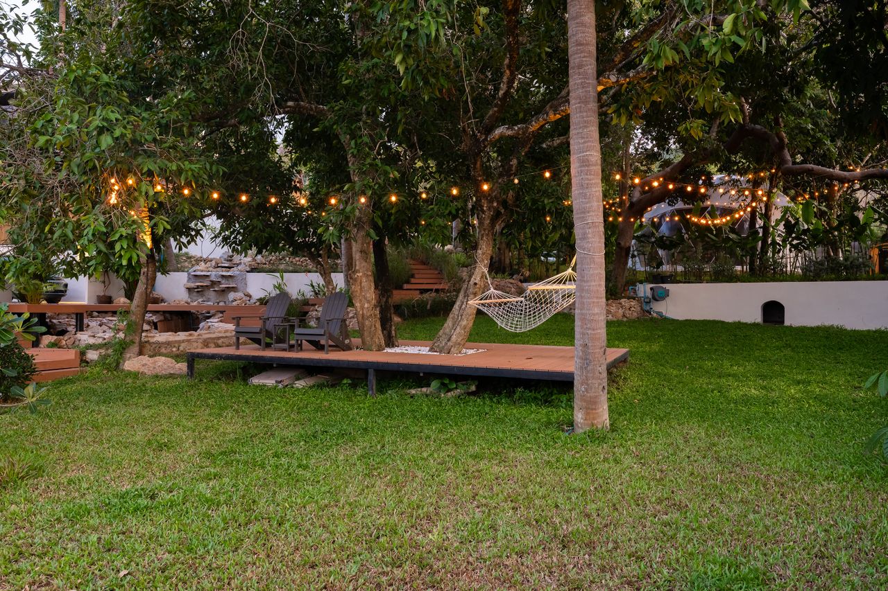 Lawn and hammocks under string lights