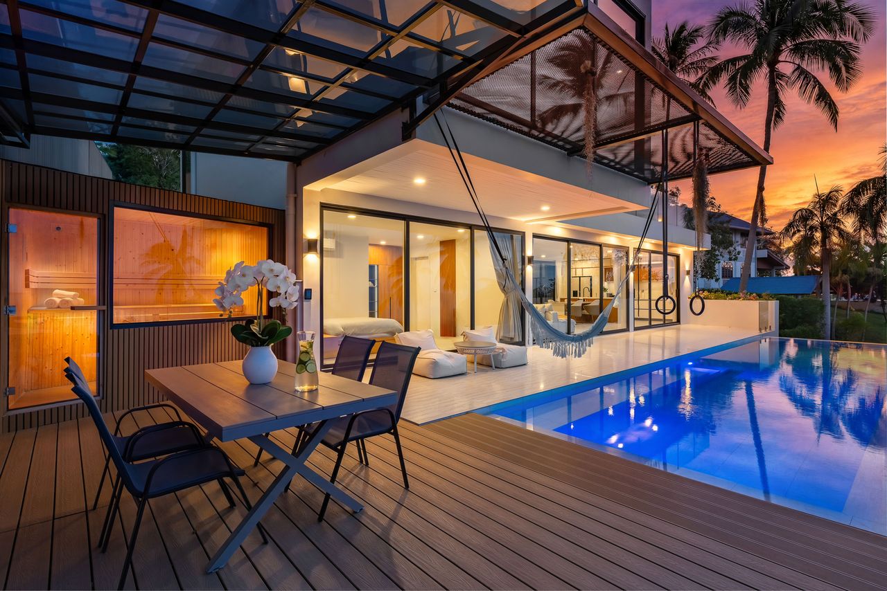 The pool deck at dusk